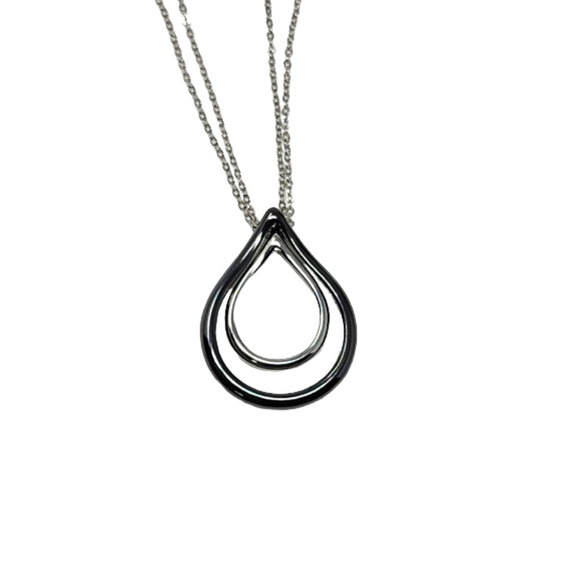 Lia Sophia Double Chain Necklace w/ Tear Drop Pendant - Black and Silver 16-19" - Picture 6 of 8